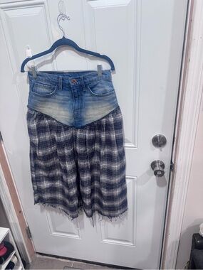 NSF Remy Contrast Skirt Denim-Waist Plaid Midi Skirt in Blue and White size 26